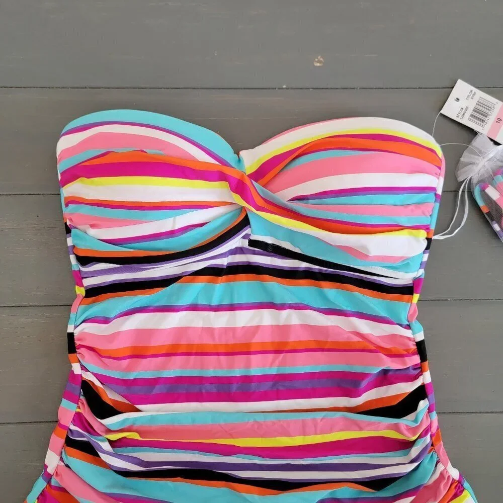 Anne Cole Women Strapless Striped Twist Front Shirred One Piece Swimsuit Size 10